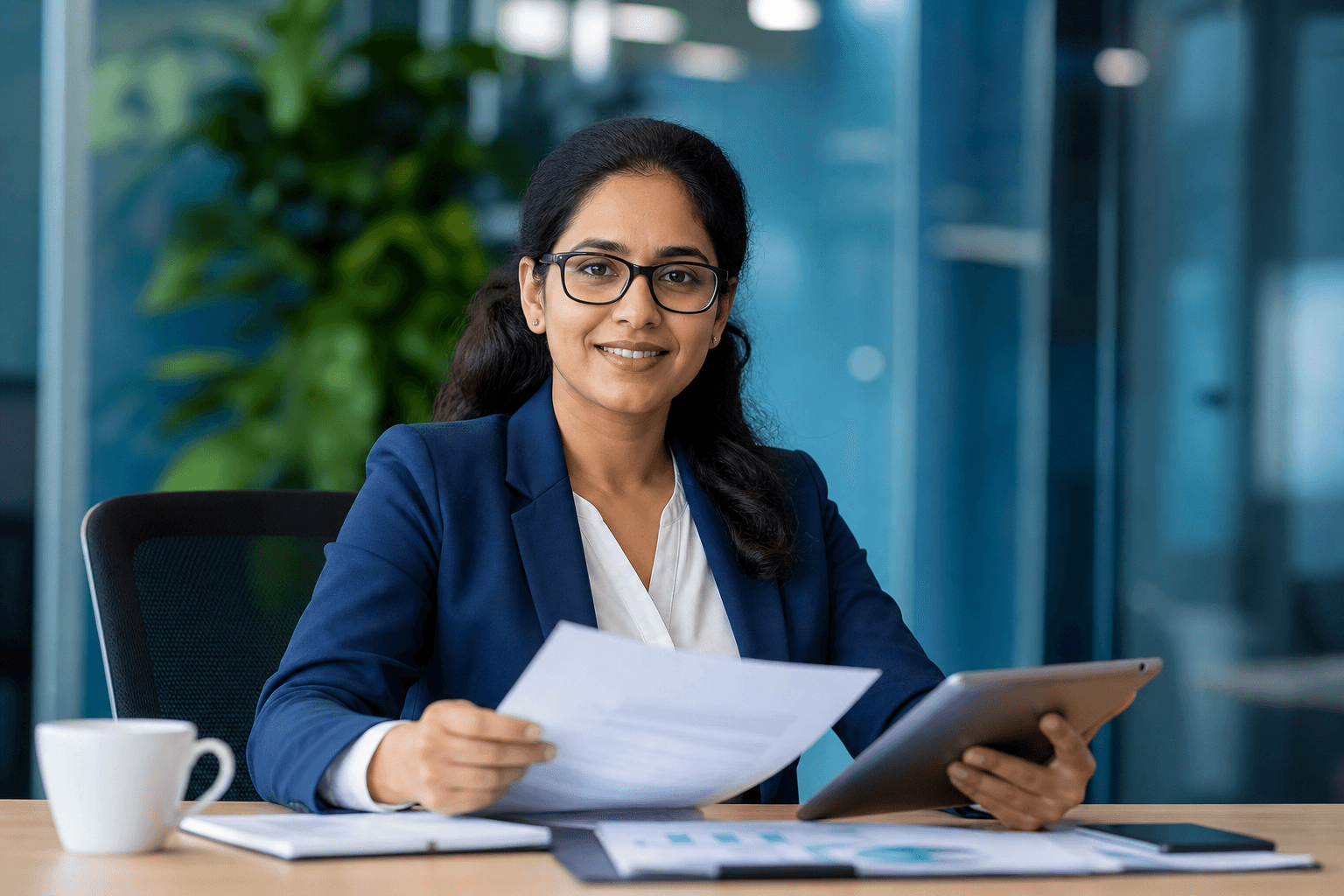 Indian woman professional reviewing tax documents on a tablet